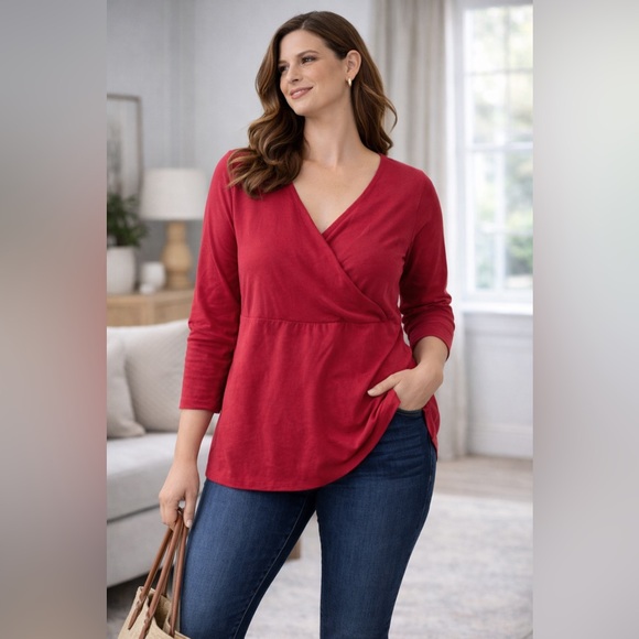 Eddie Bauer Tops - Eddie Bauer Red Faux Wrap Long Sleeve‎ Top XL V-Neck Soft Knit